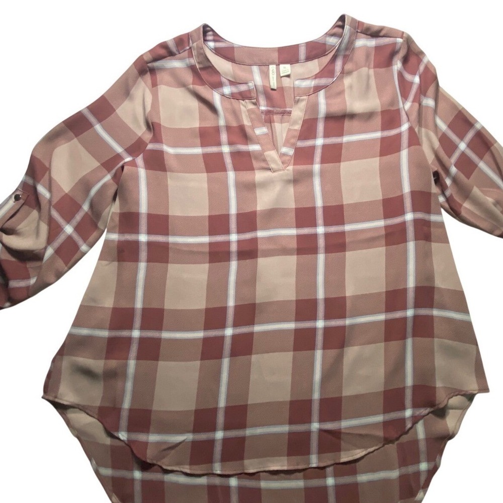 Cato Womens XL Mauve Plaid‎ Roll Tab Sleeve Split Neck High Low Blouse Top